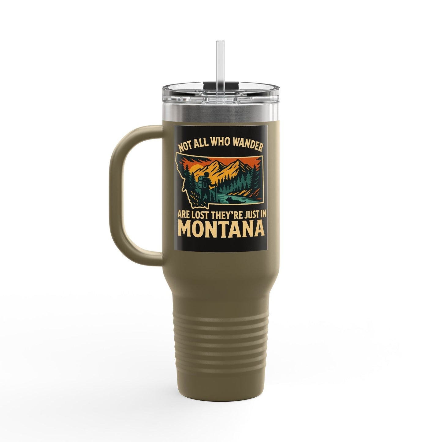 Large insulated Montana Adventure Mug for outdoor explorers, featuring a bold design and ergonomic handle.