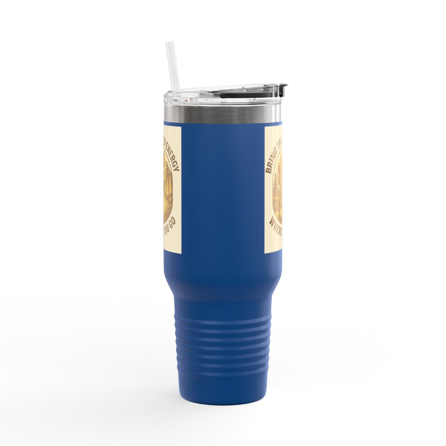 40oz blue insulated travel mug with ergonomic handle and positive vibes design.