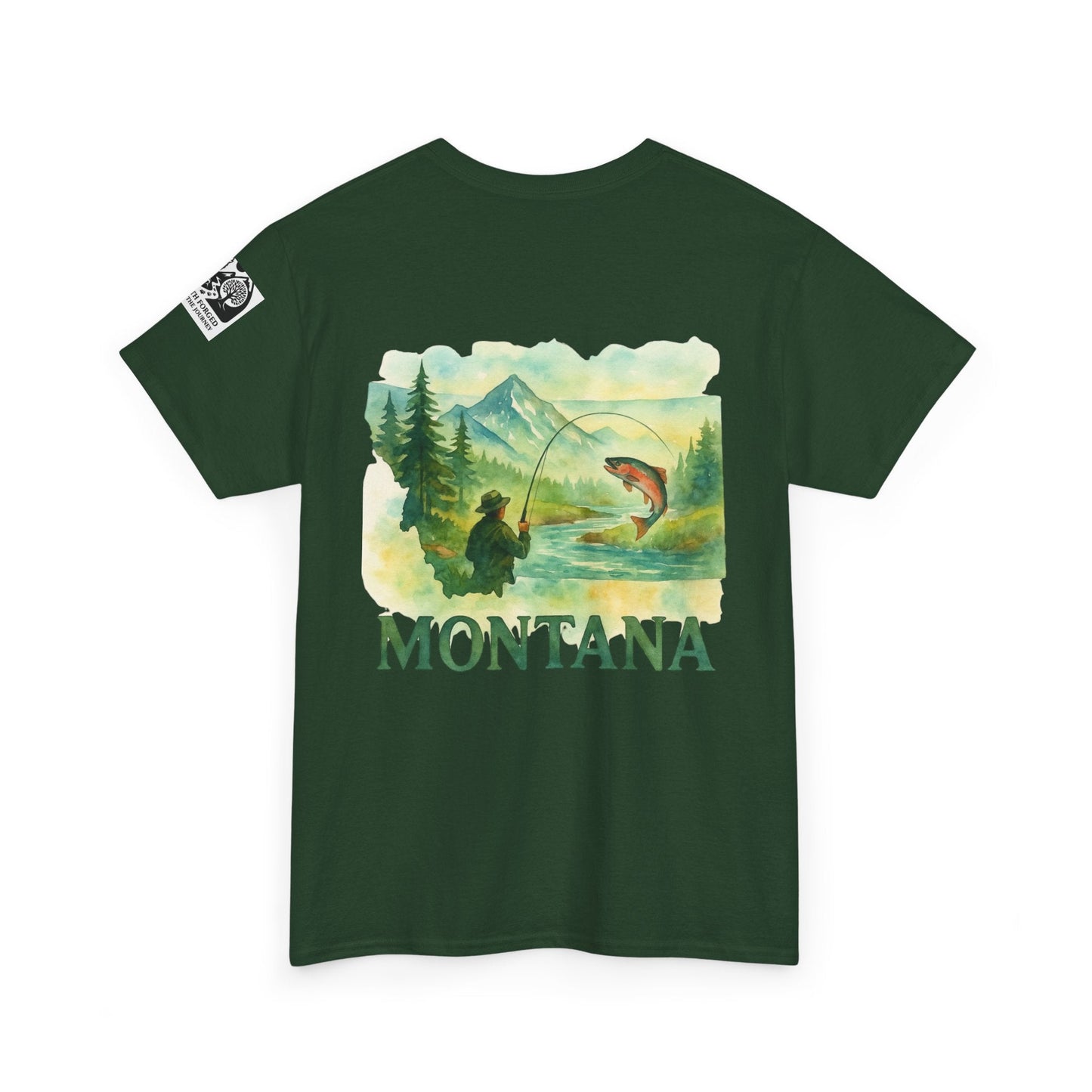 Green Montana Fishing Tee with "Born to Fish" graphic; perfect for nature lovers and anglers.