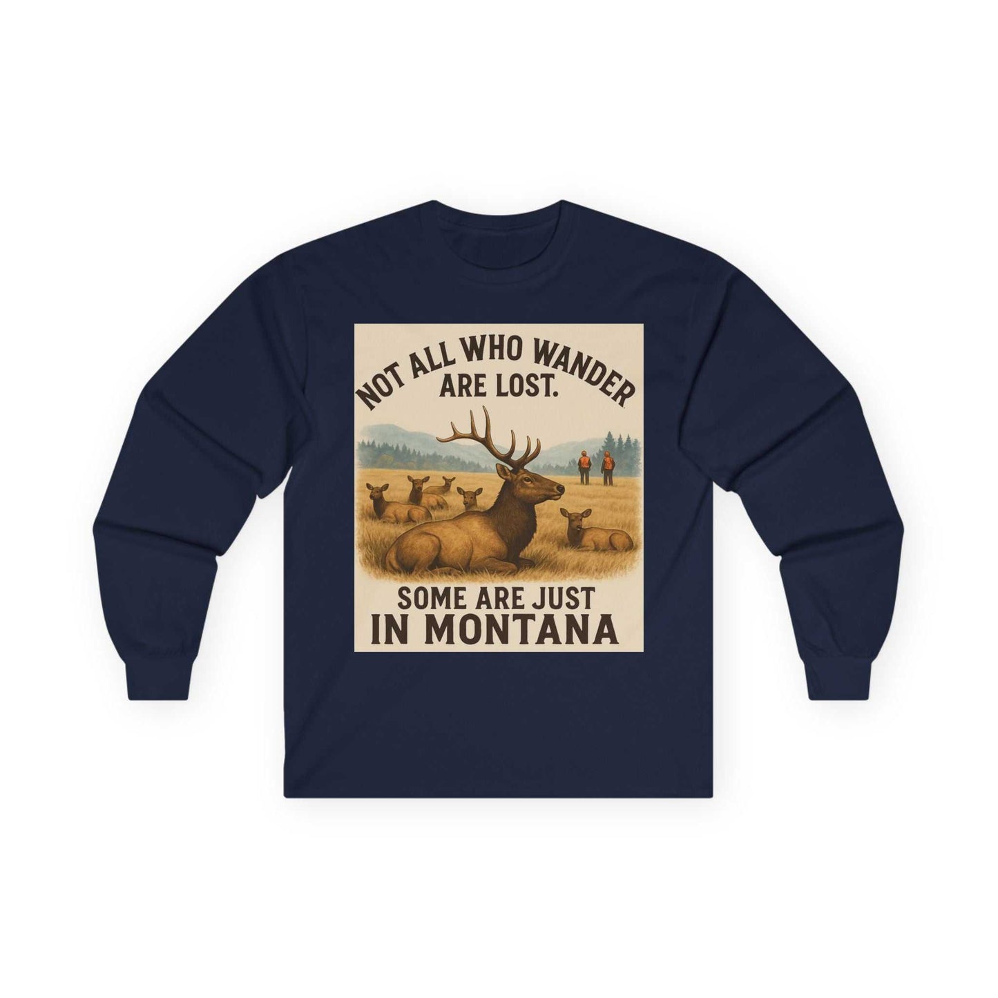 Montana Wanderlust Long Sleeve Tee with vintage Montana graphic and nature quote.