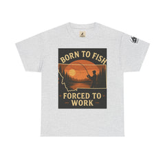 Montana Fishing Tee with "Born to Fish, Forced to Work" graphic, ideal for nature lovers and anglers.