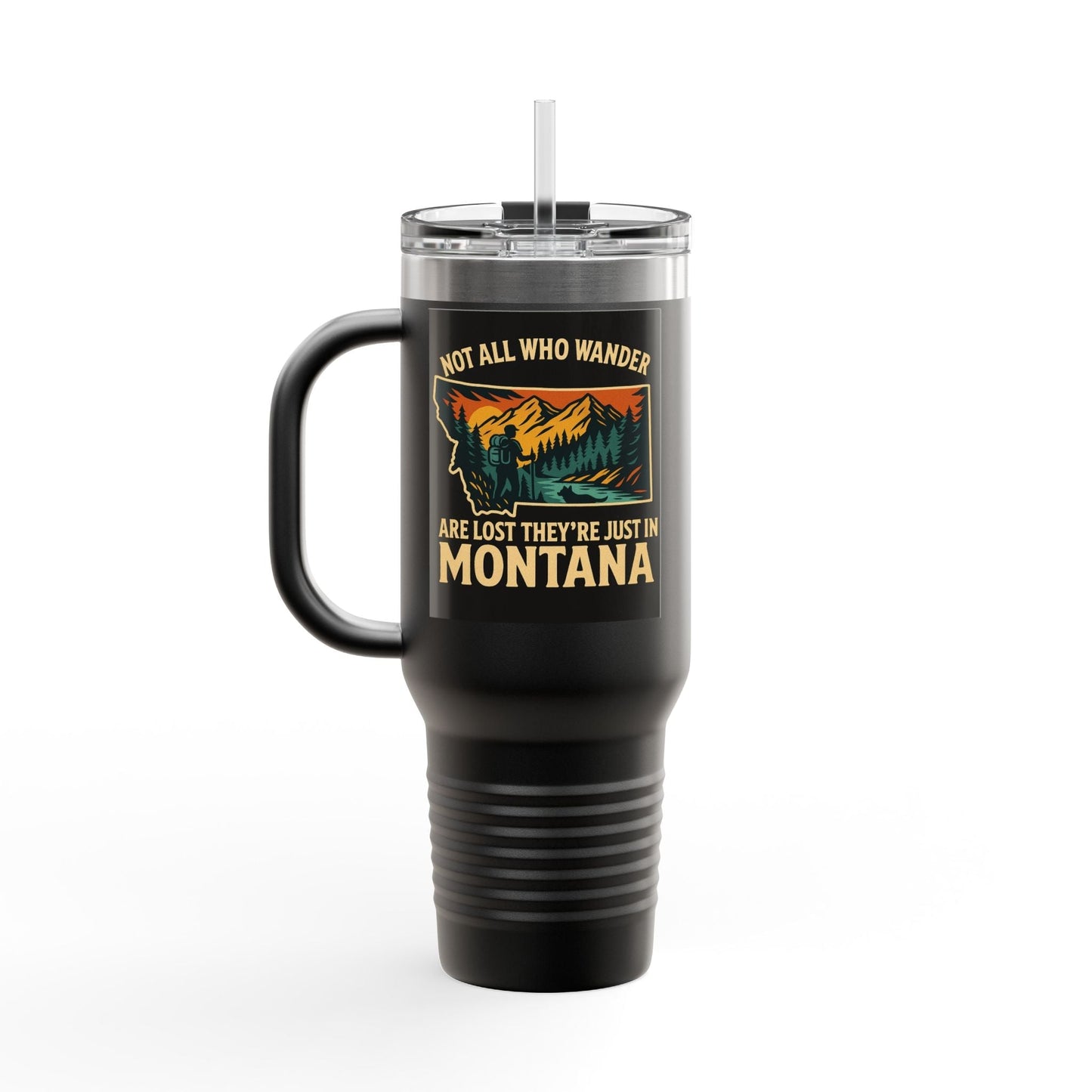Large black insulated Montana Adventure Mug with ergonomic handle and lid, featuring a nature-inspired design.