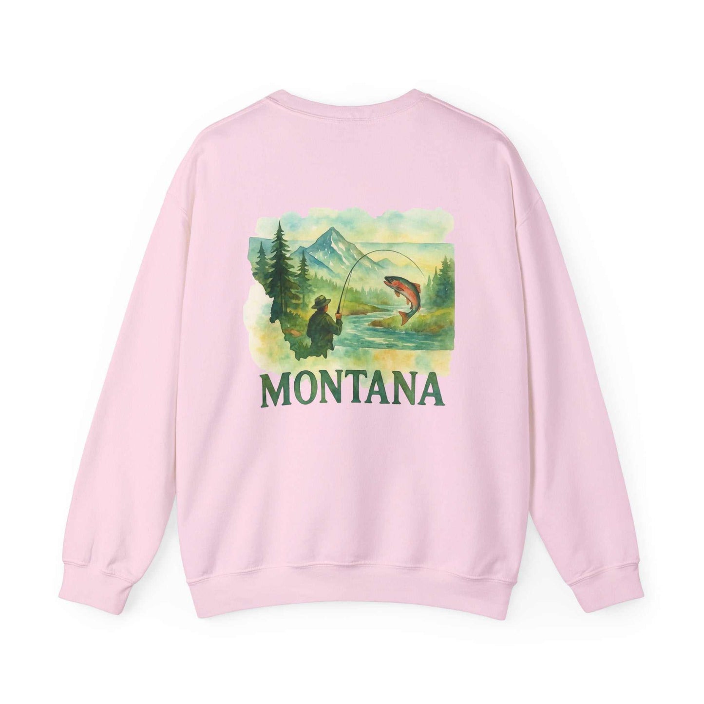 Born to Fish Sweatshirt in pink featuring a fishing scene and Montana text.