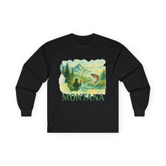 Montana Fishing Long Sleeve Tee for men with vintage-style fishing graphic; eco-friendly cotton; ideal for outdoor adventures.