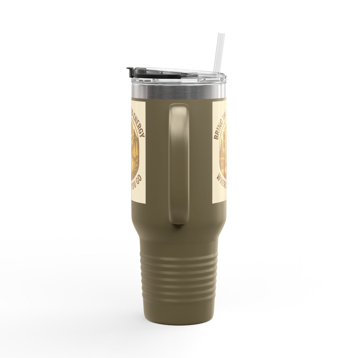 40oz insulated travel cup with ergonomic handle, leak-resistant lid, and vibrant design. Good Energy Only Mug with stainless steel durability.