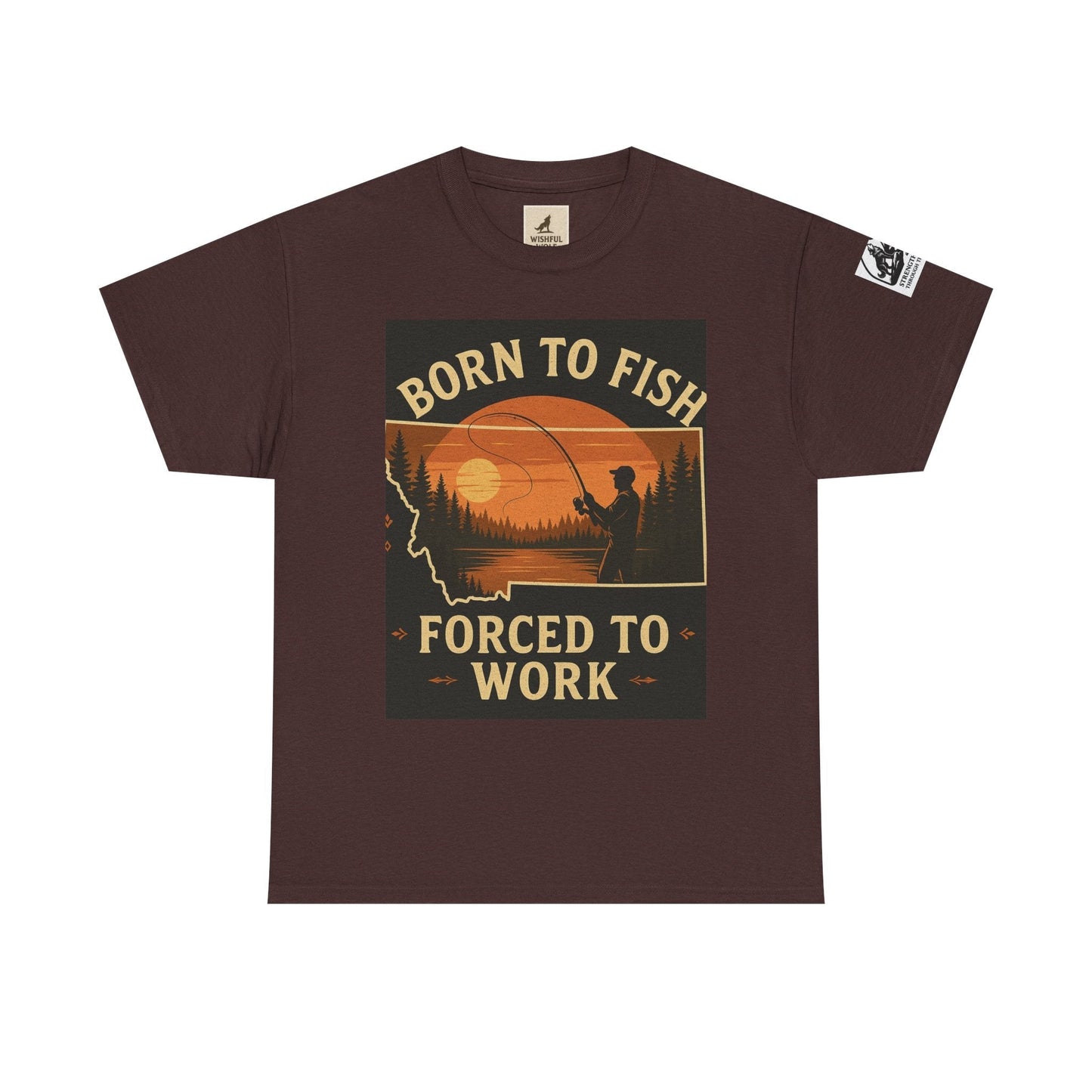 Montana Fishing Tee with "Born to Fish, Forced to Work" graphic for nature lovers.
