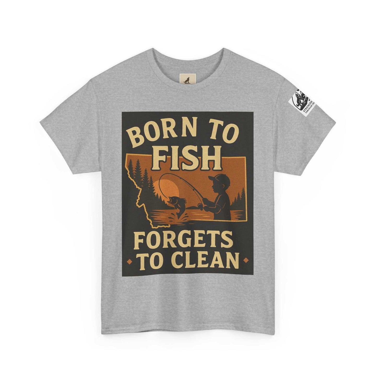 Fishing Cotton Tee for Men with "Born to Fish, Forgets to Clean" graphic, ideal for outdoor enthusiasts.