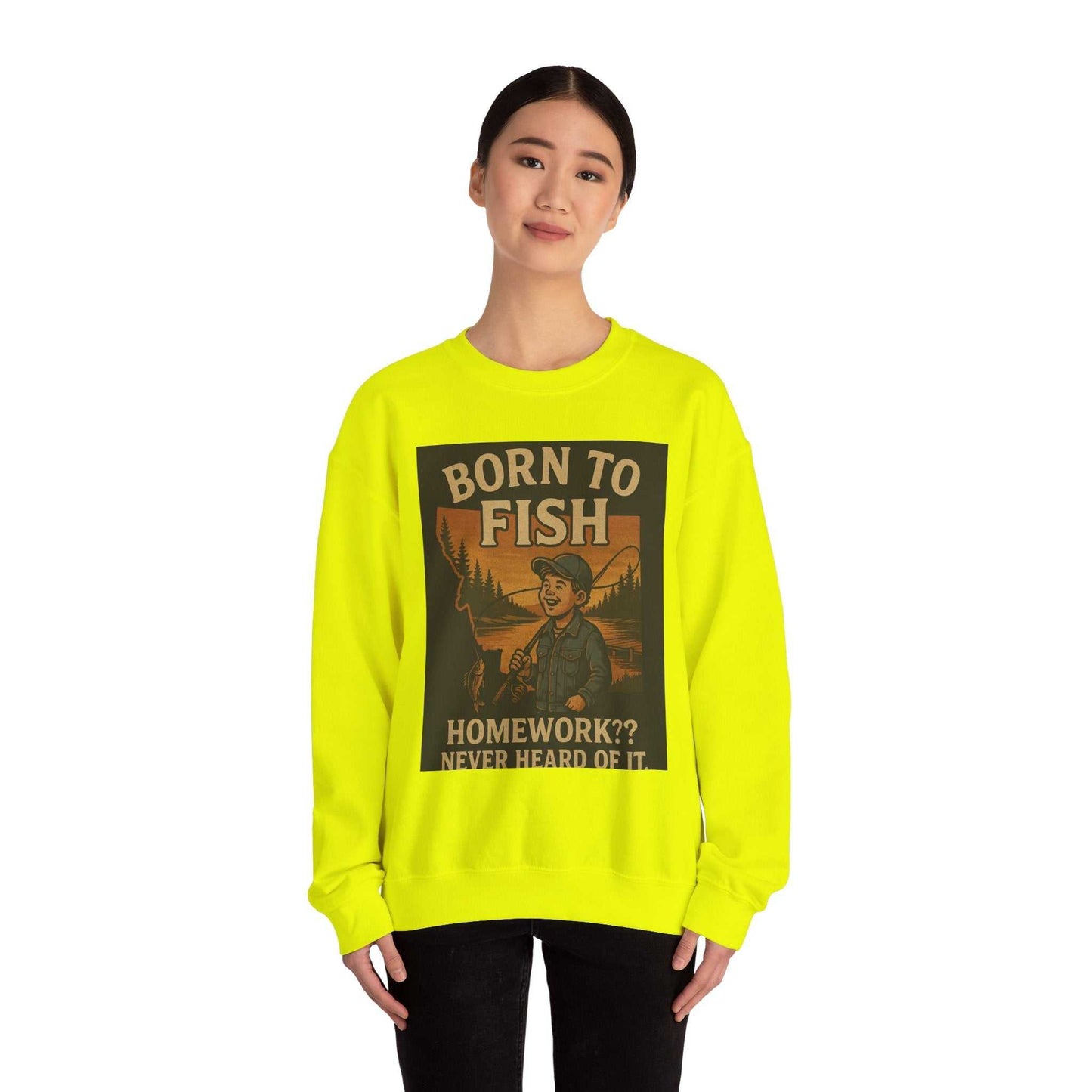 Bright yellow "Born to Fish" sweatshirt featuring a fishing-themed graphic, perfect for anglers.