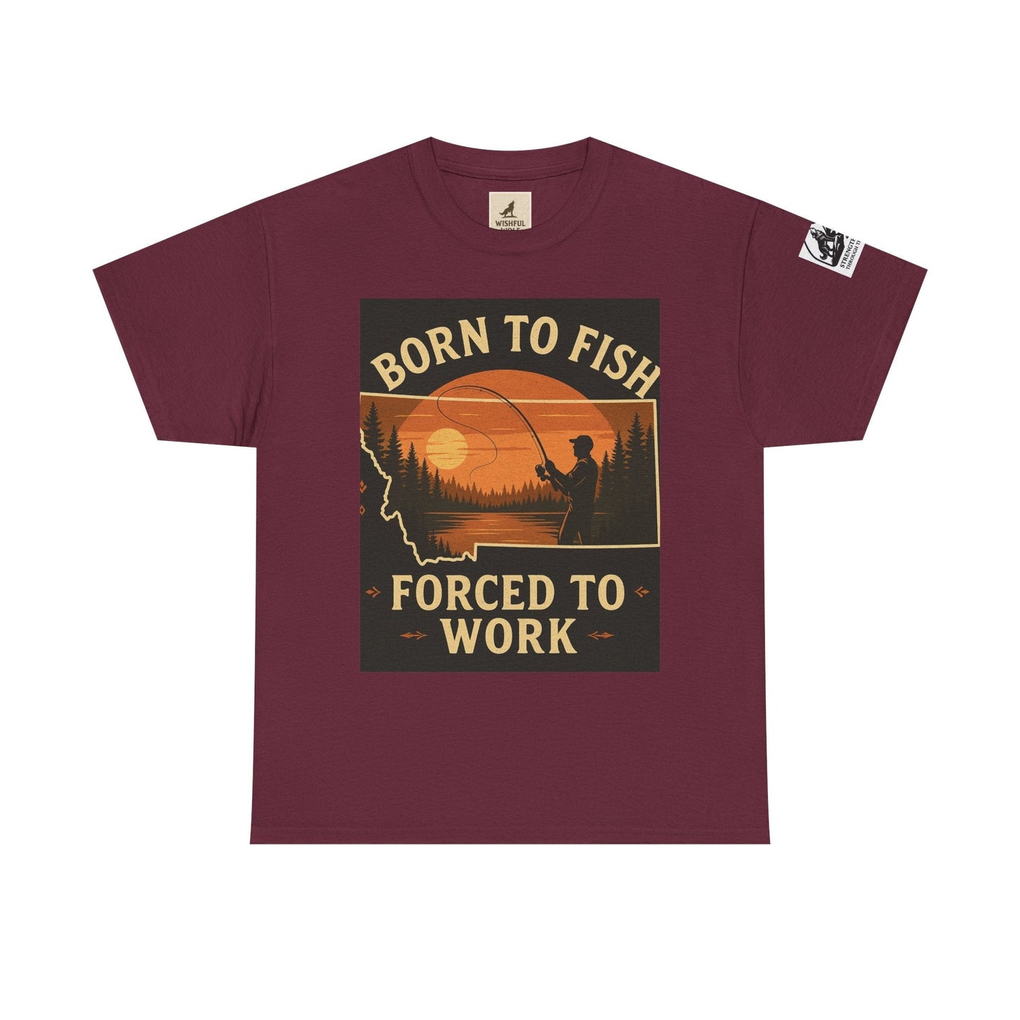 Montana Fishing Tee with "Born to Fish, Forced to Work" graphic for nature lovers.