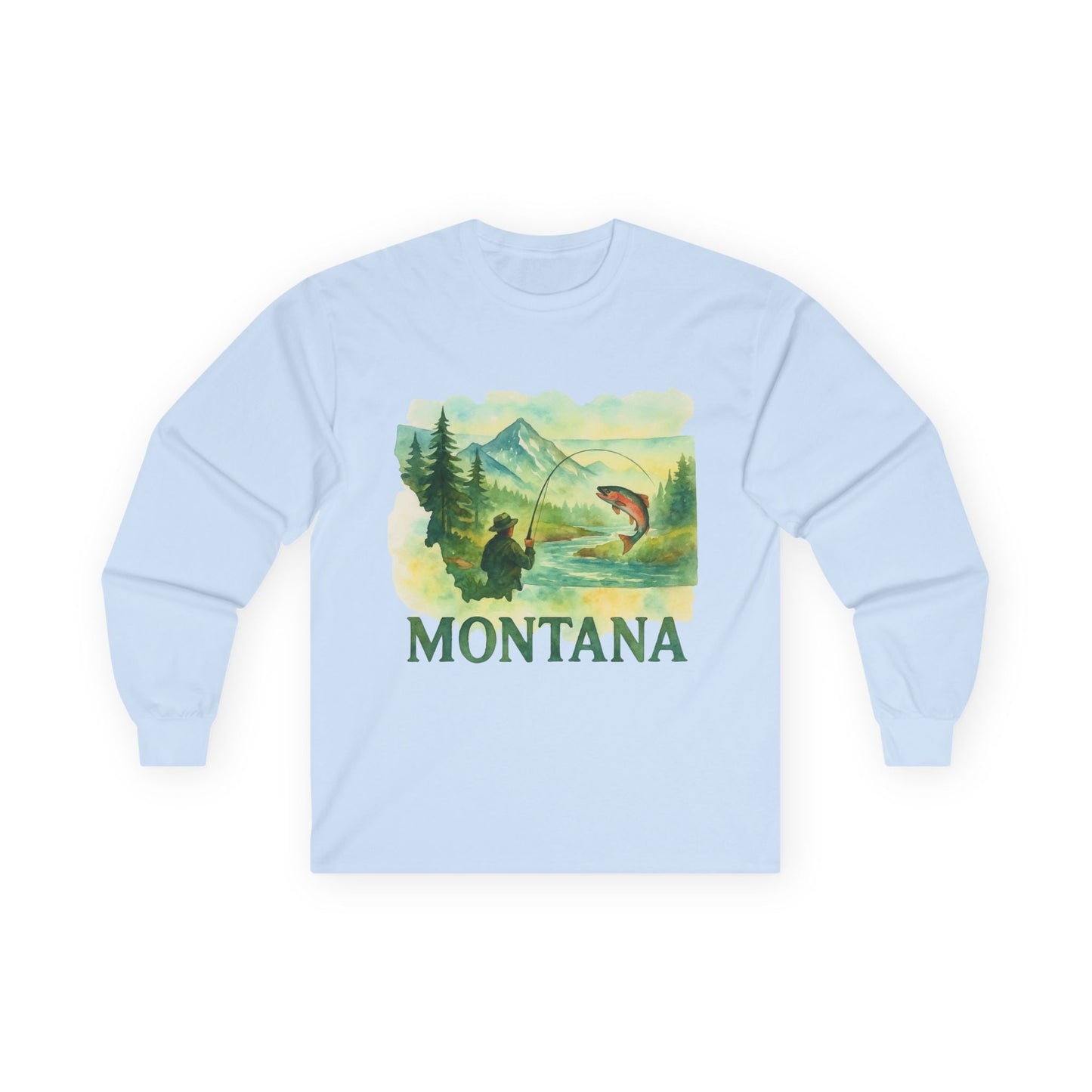 Montana Fishing Long Sleeve Tee, vintage-style adventure shirt with nature-inspired design.
