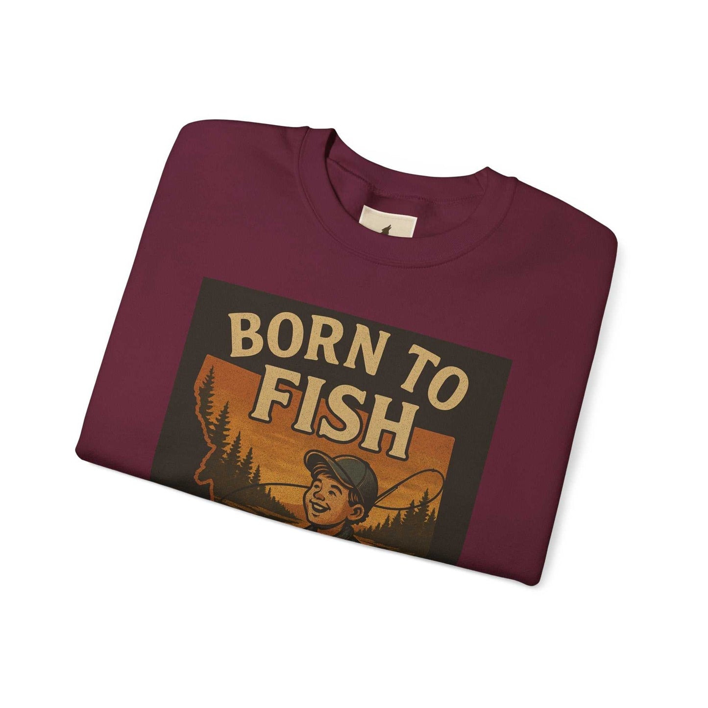 Born to Fish Sweatshirt, maroon color, featuring bold fishing design with angler illustration.