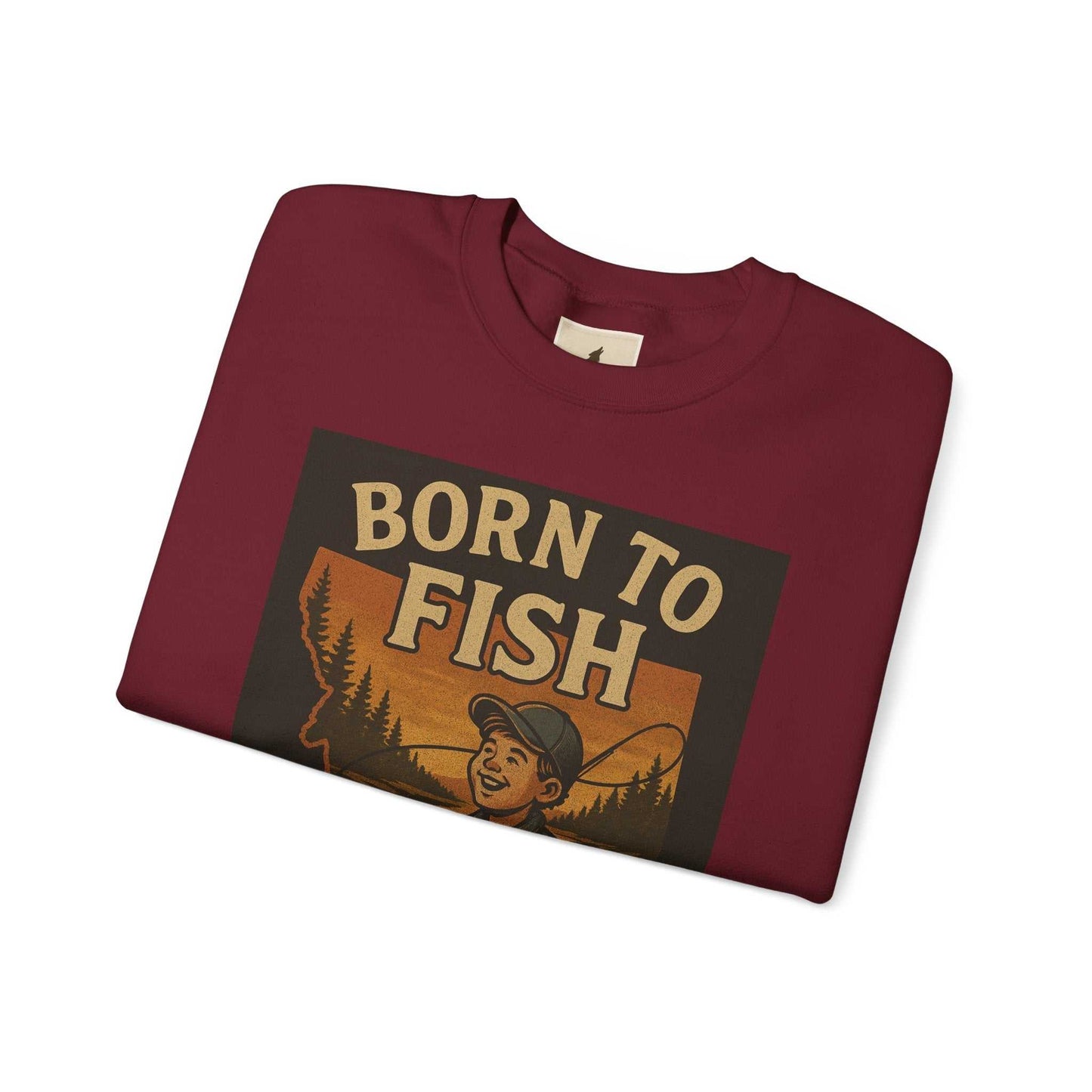 Born to Fish Sweatshirt with fishing graphic, medium-heavy cotton-poly blend for anglers.