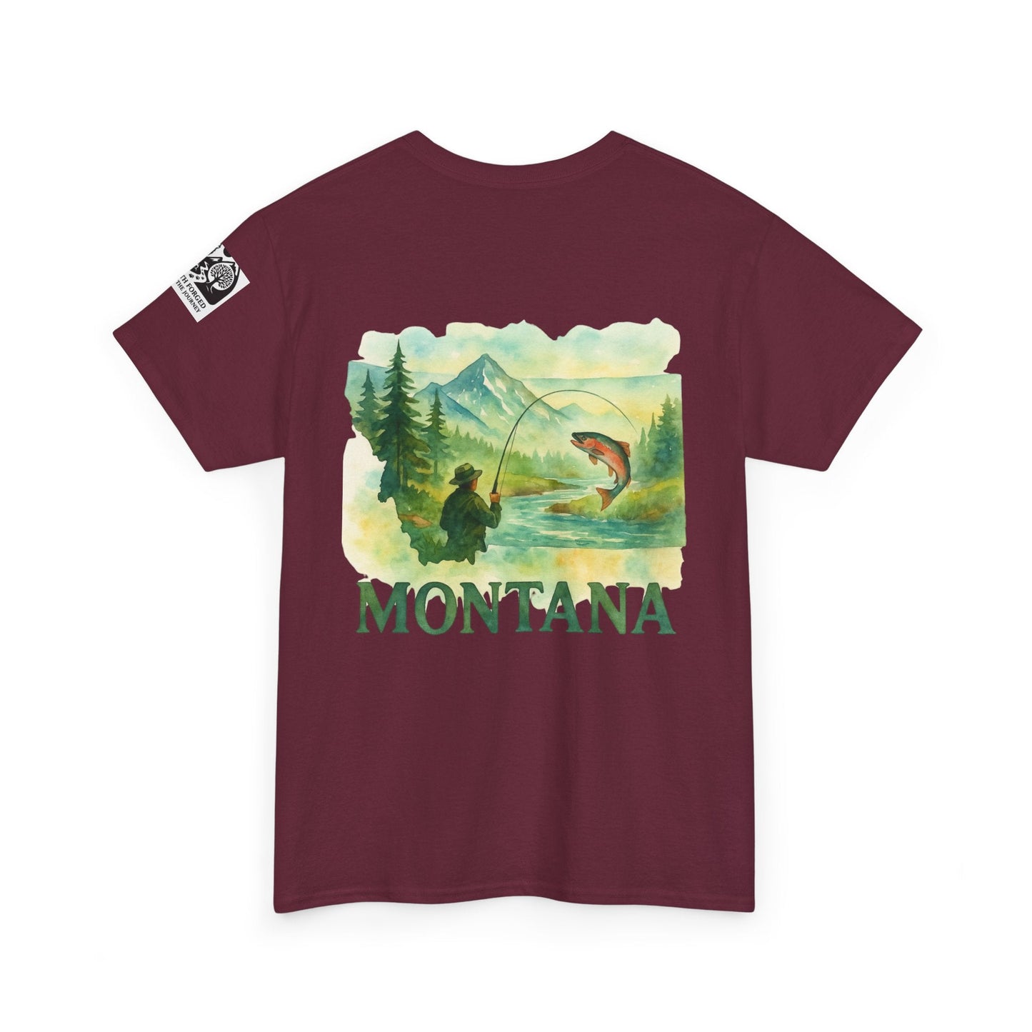 Montana Fishing Tee with Born to Fish graphic on maroon shirt, nature scene in background.