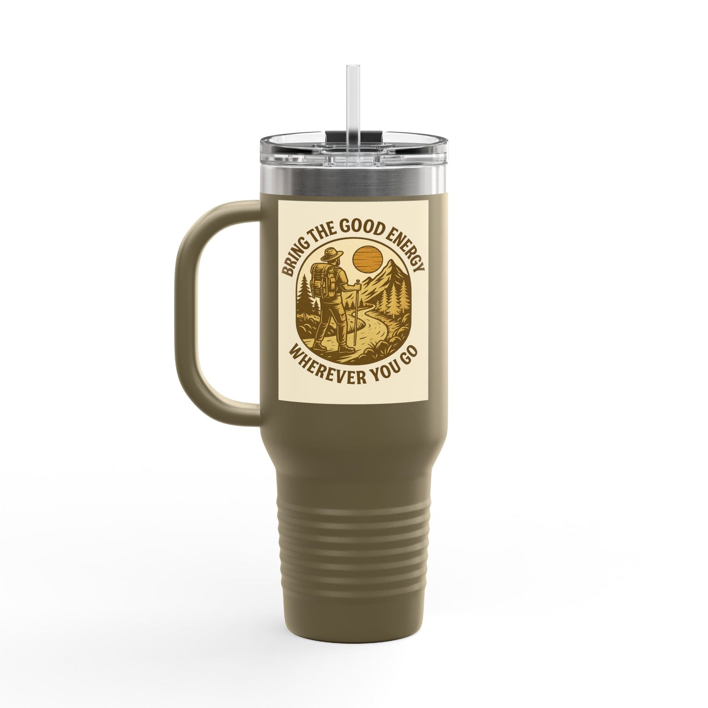 40oz insulated travel cup with positive design and ergonomic handle.