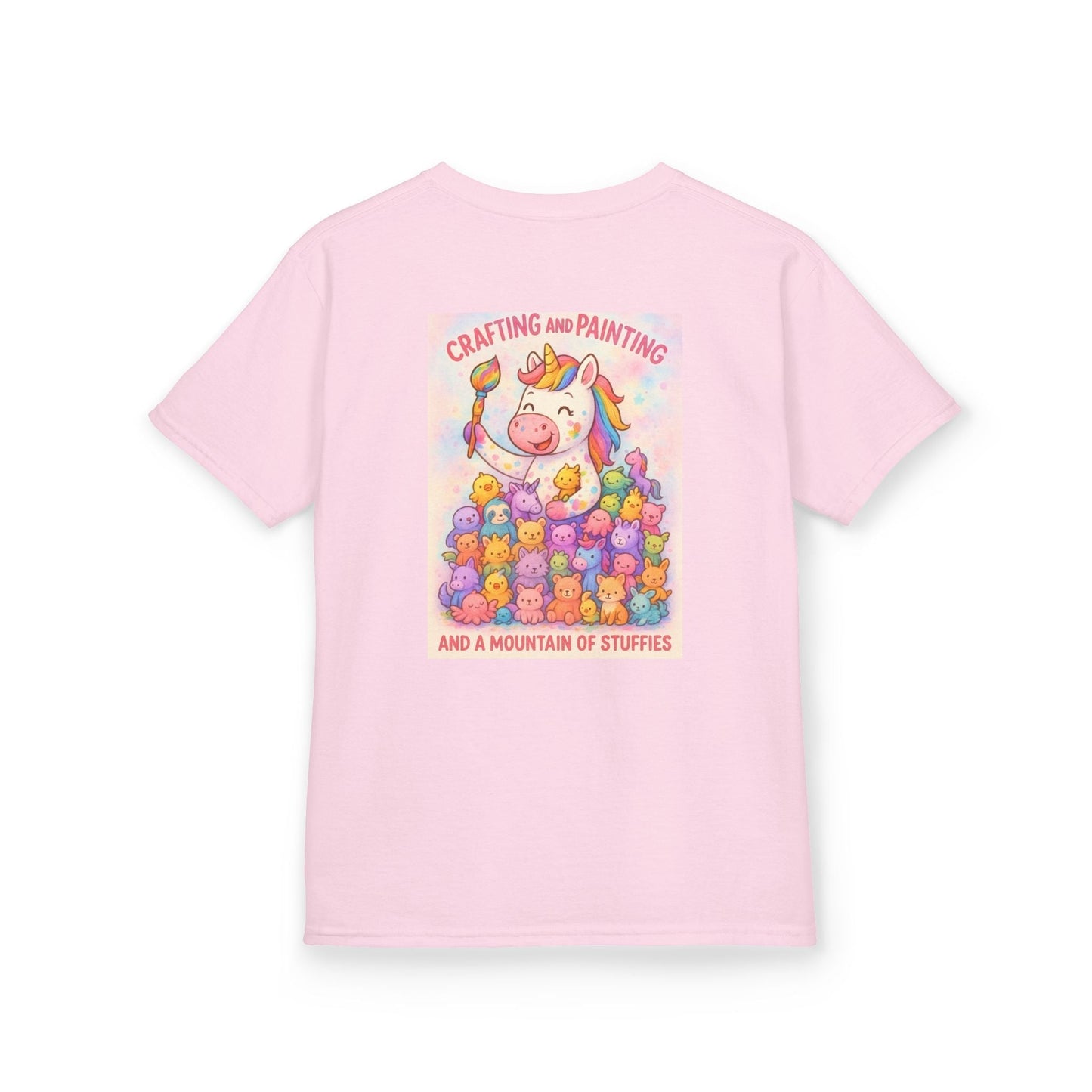 Pink kids t-shirt with whimsical animal graphic and colorful illustration.
