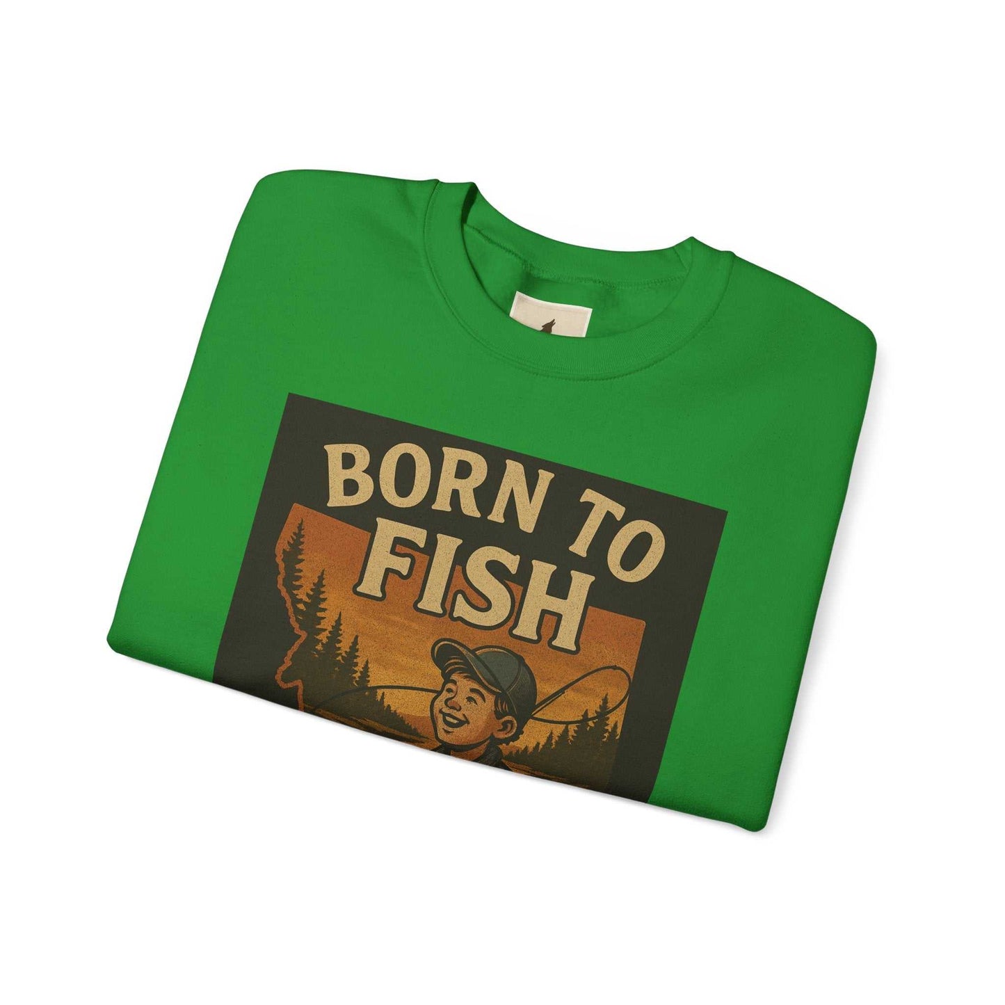 Green "Born to Fish" sweatshirt with vintage fishing design, ideal for anglers.