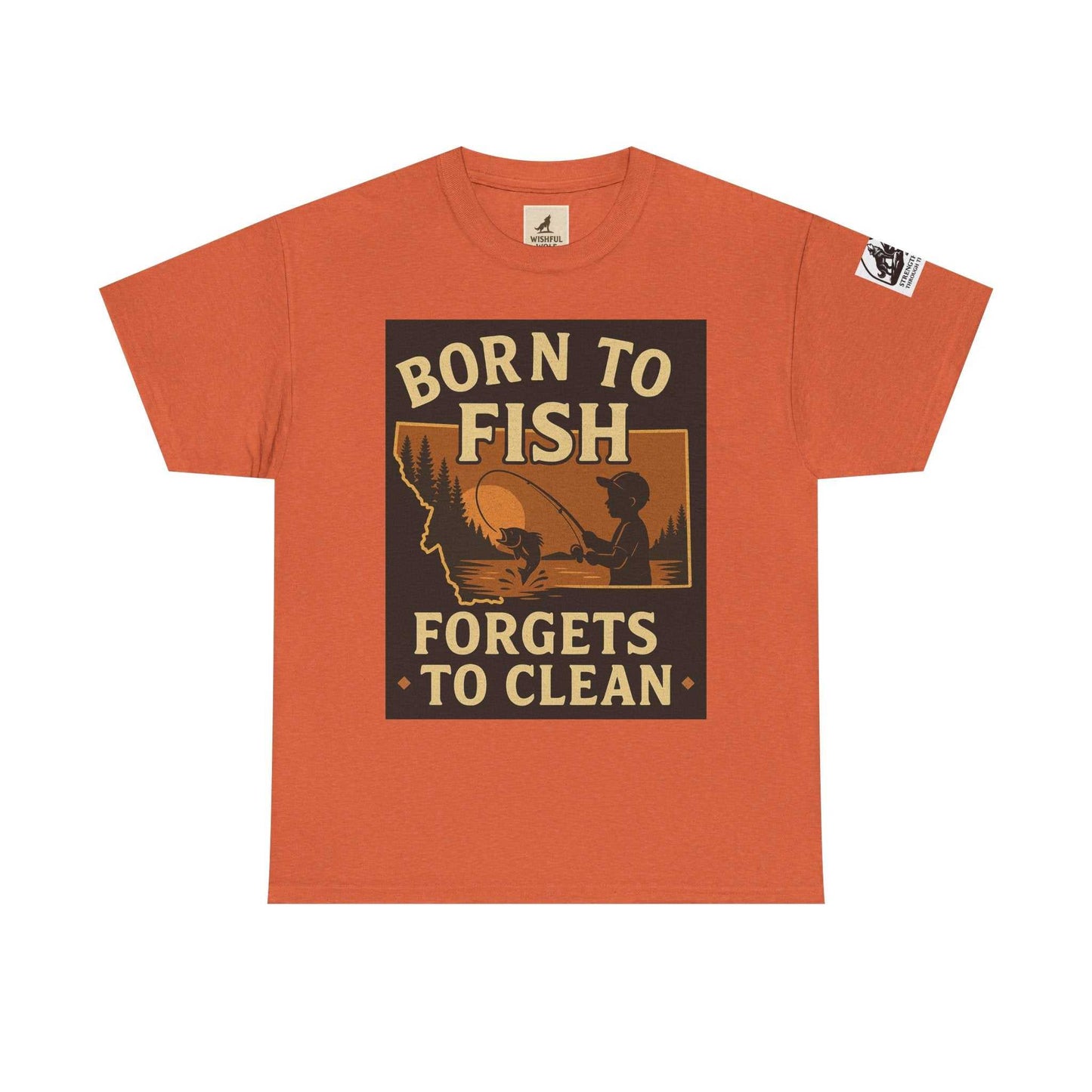 Men's orange fishing cotton tee with "Born to Fish, Forgets to Clean" graphic, ideal for outdoor activities.