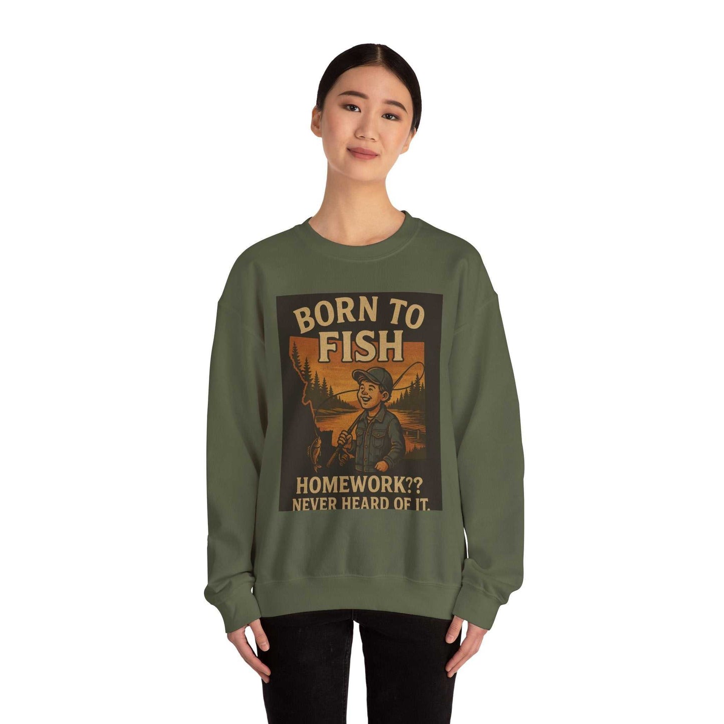 Born to Fish Sweatshirt featuring a fishing-themed graphic, ideal for anglers.