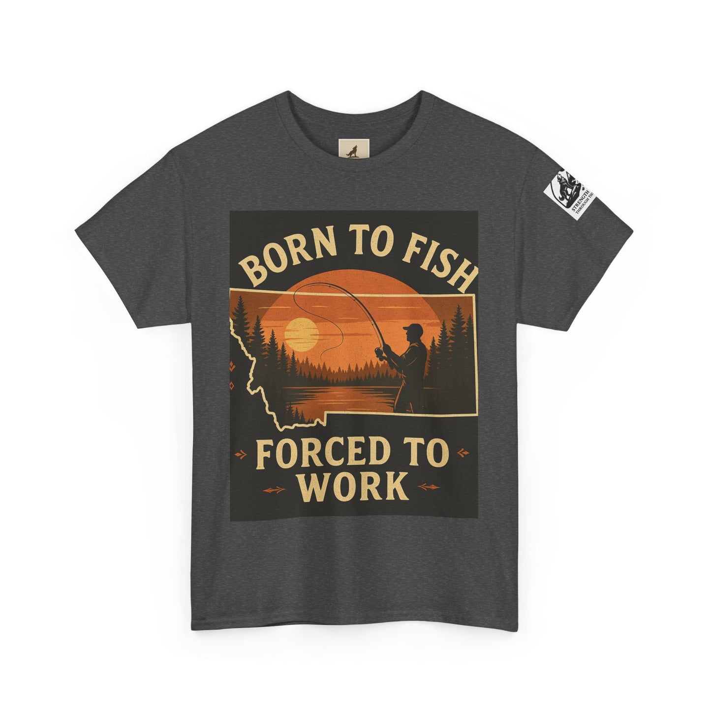 Montana Fishing Tee with "Born to Fish, Forced to Work" graphic.