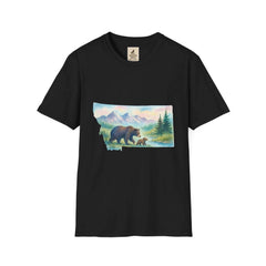 Montana Adventure Tee with bear and wilderness graphic design on black shirt for nature lovers.