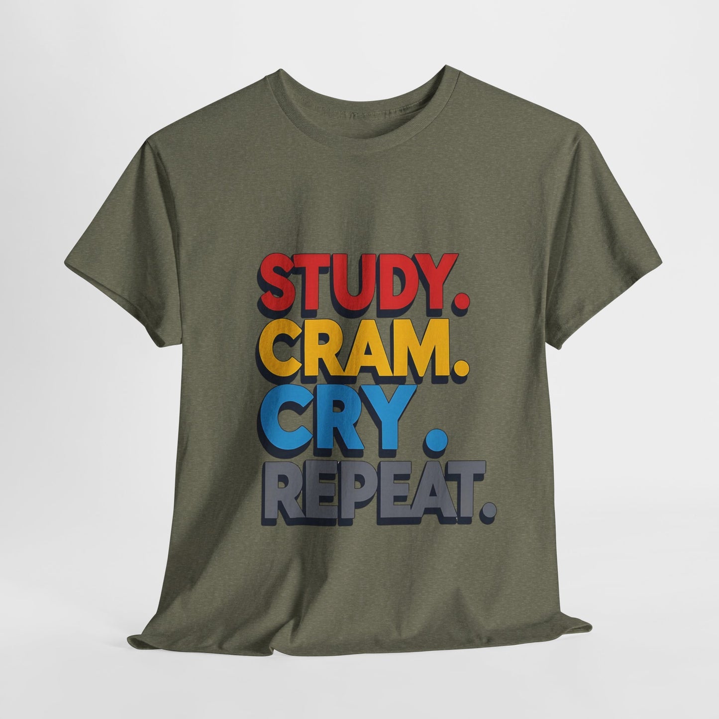 Study Cram Cry Repeat Tee, Unisex Heavy Cotton T-Shirt, Student Gift, College Humor Shirt, Exam Prep Apparel, Funny Study Tee