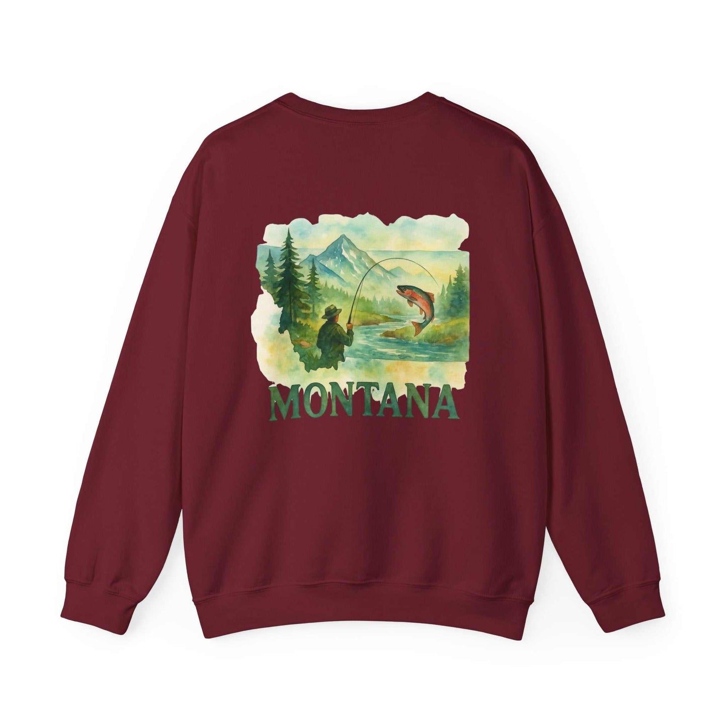 Born to Fish Sweatshirt for anglers featuring Montana fishing design, medium-heavy cotton-poly blend, maroon color.