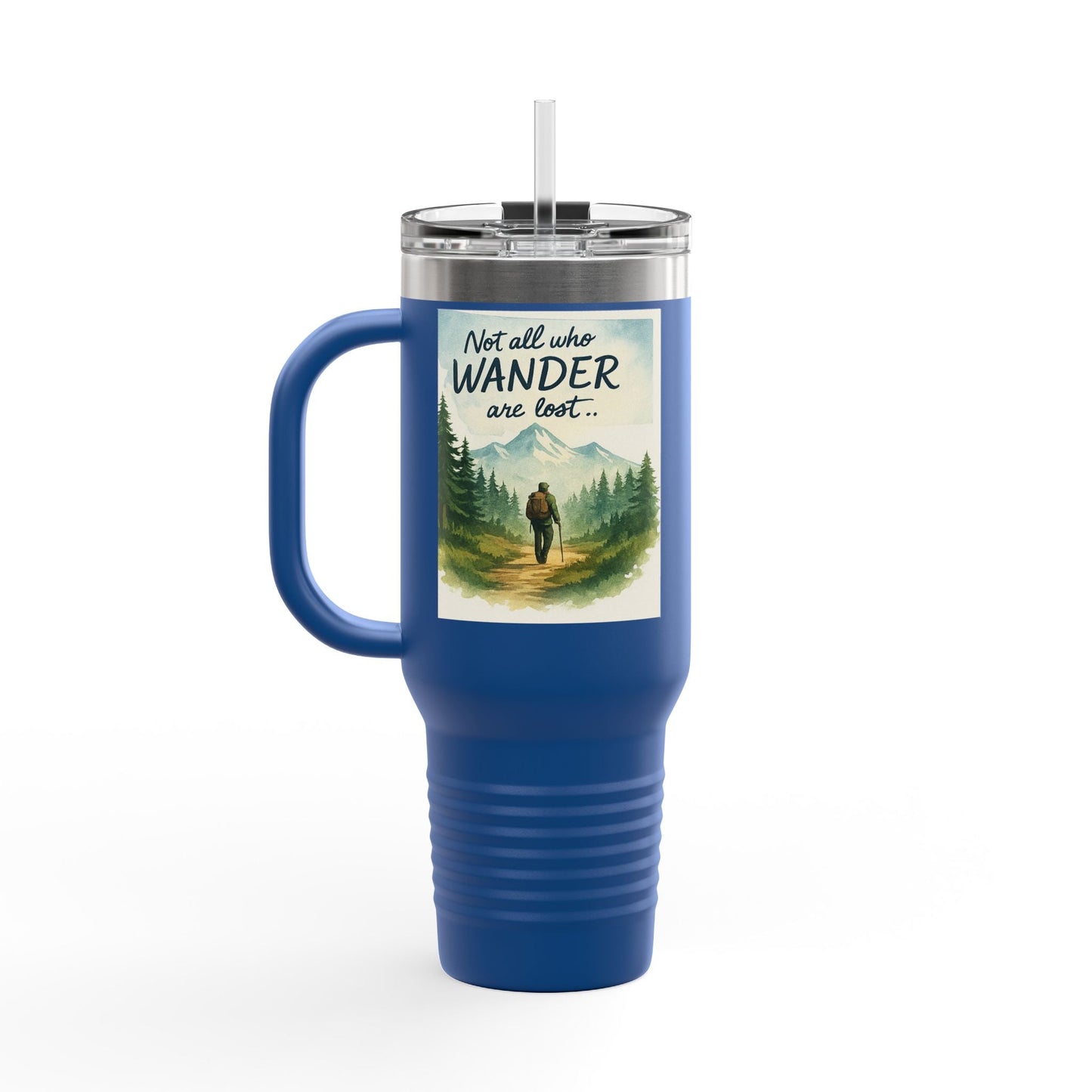 Montana 40oz Adventure Mug with blue elk-inspired design, ergonomic handle, and spill-resistant lid.