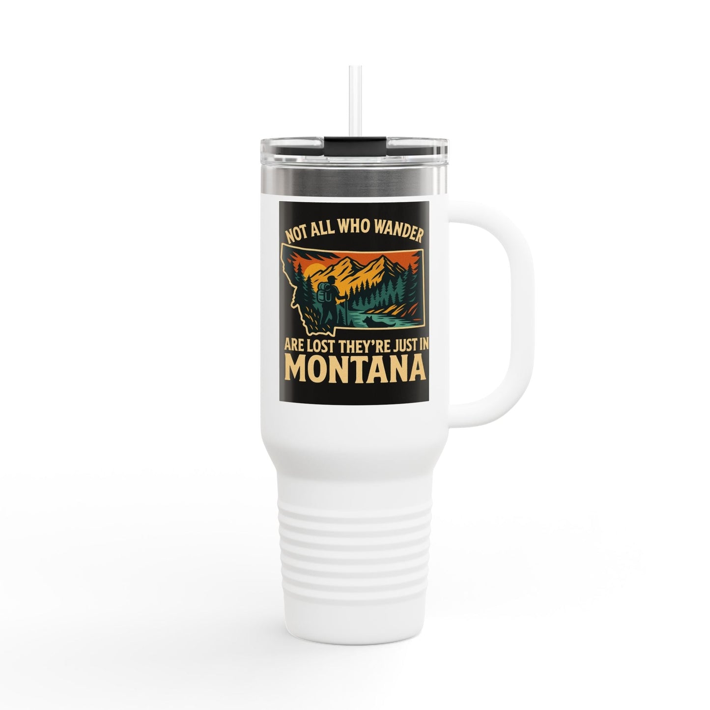 Large 40oz Montana Adventure Mug with bold design, ergonomic handle, and leak-proof lid.