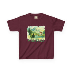 Montana Adventure Kids Tee with nature-inspired graphic design on maroon cotton shirt.