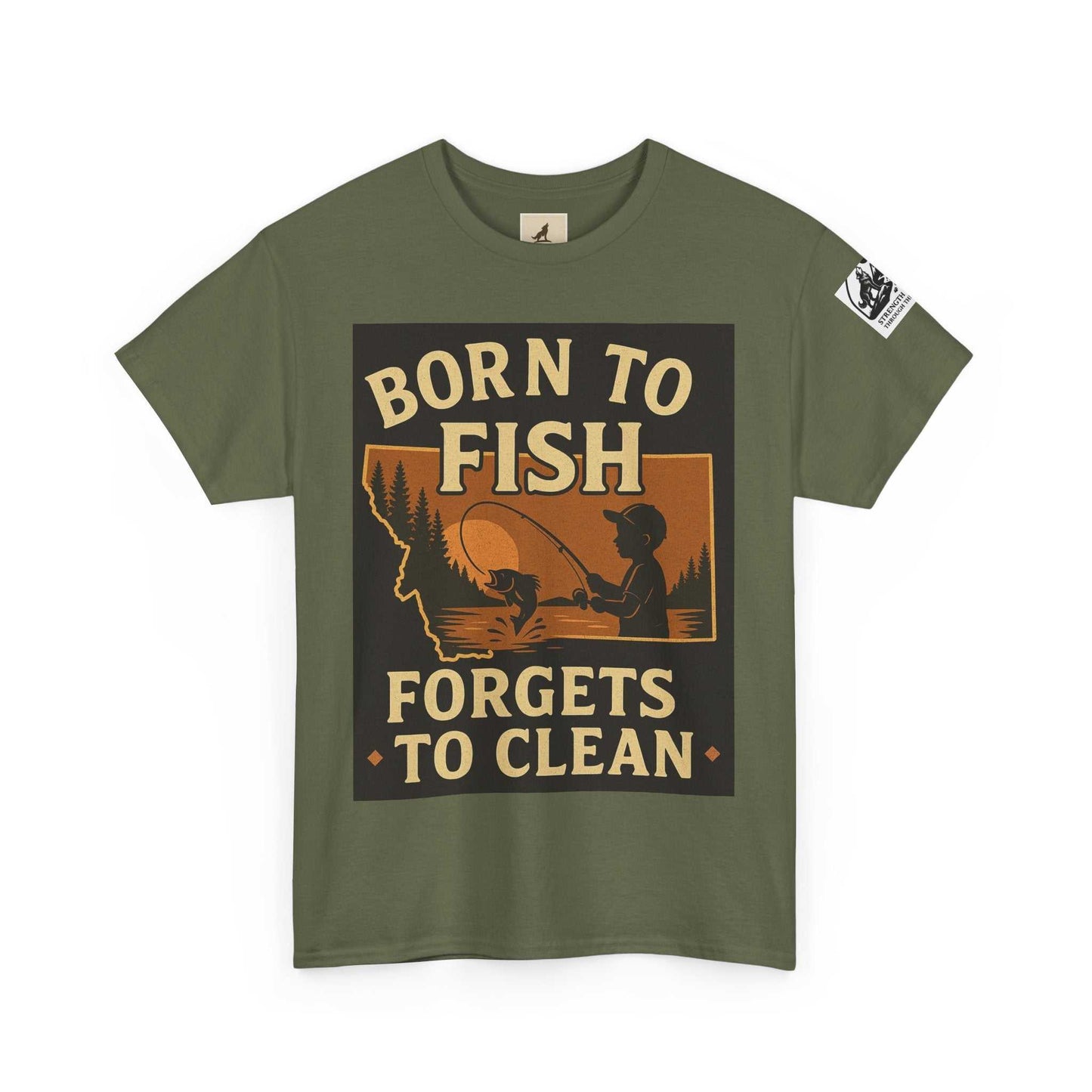 Fishing Cotton Tee for Men with "Born to Fish, Forgets to Clean" graphic, ideal for outdoor and casual wear.