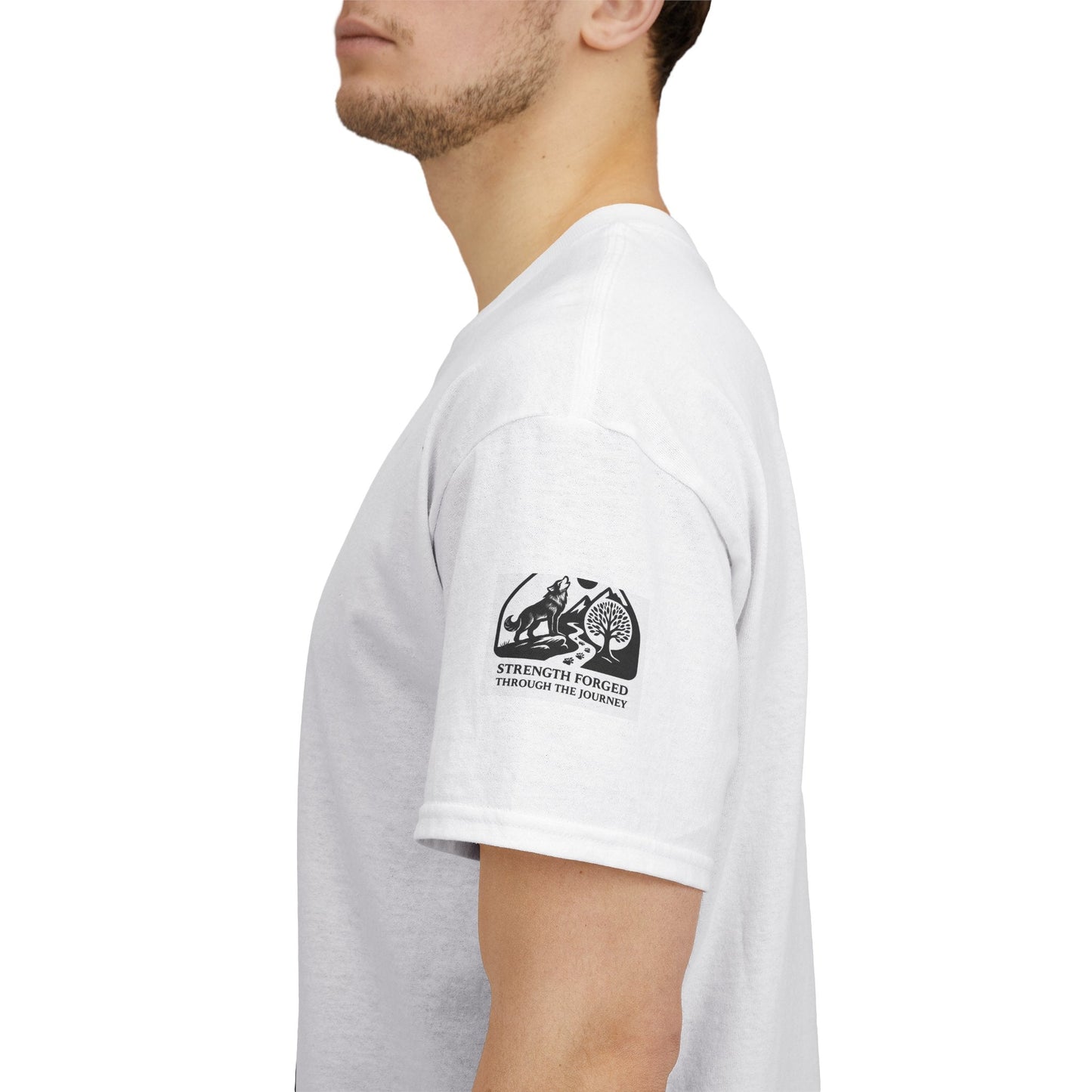 Montana Fishing Tee with "Born to Fish, Forced to Work" graphic, side view.