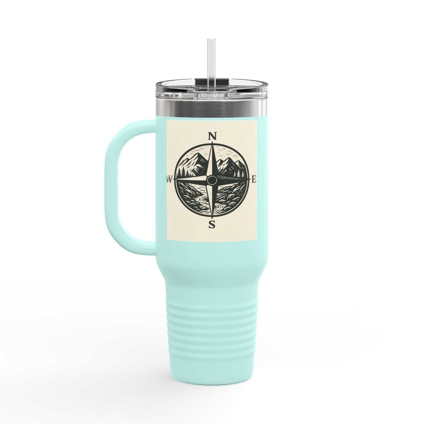 40oz Montana Compass Travel Mug with compass design, insulated for hot and cold drinks, stainless steel body.