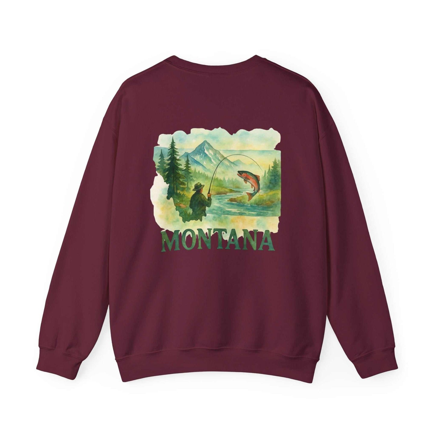 Born to Fish Sweatshirt featuring mountain fishing scene with "Montana" text.