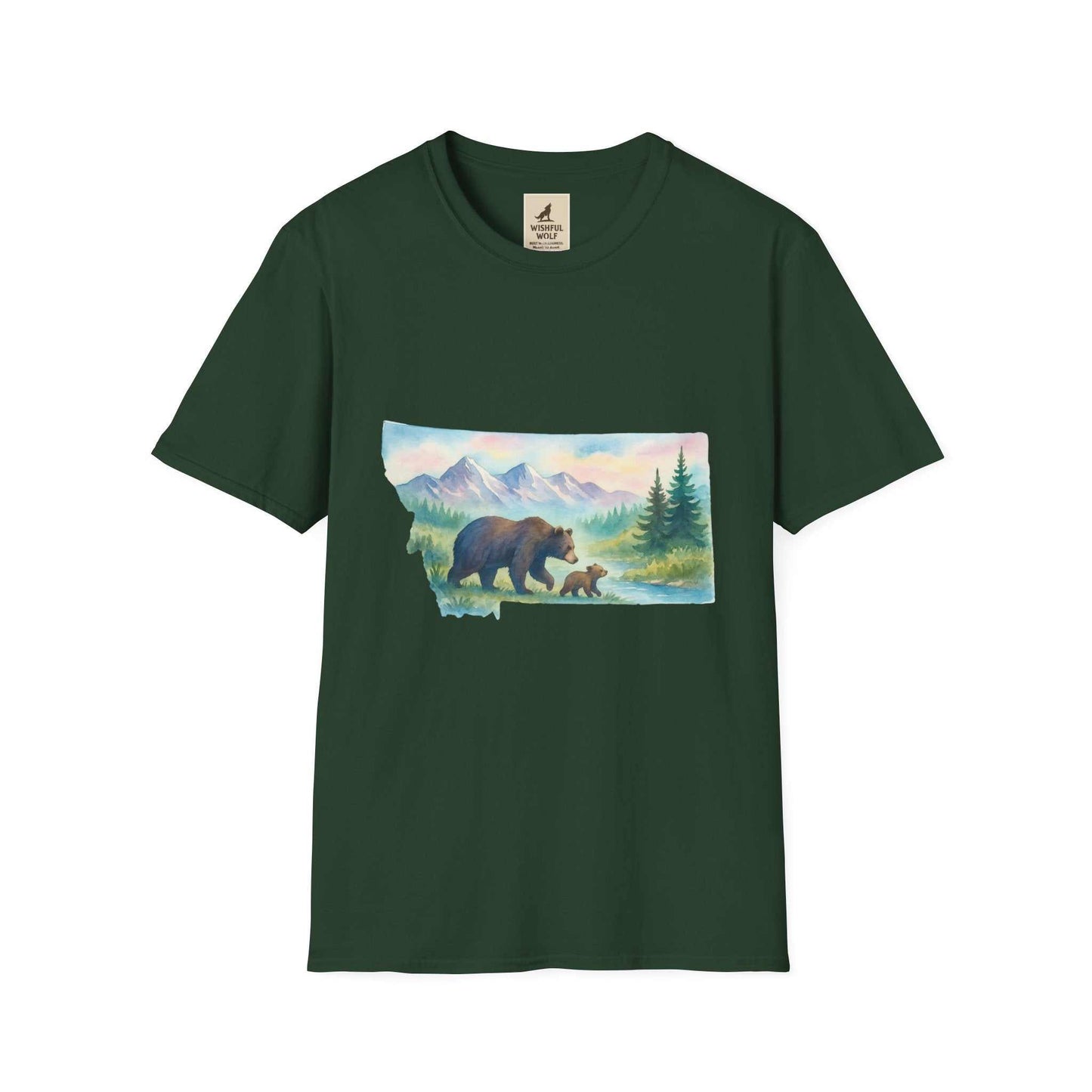 Montana Adventure Tee with wilderness graphic and vintage bear design on green shirt for nature lovers.