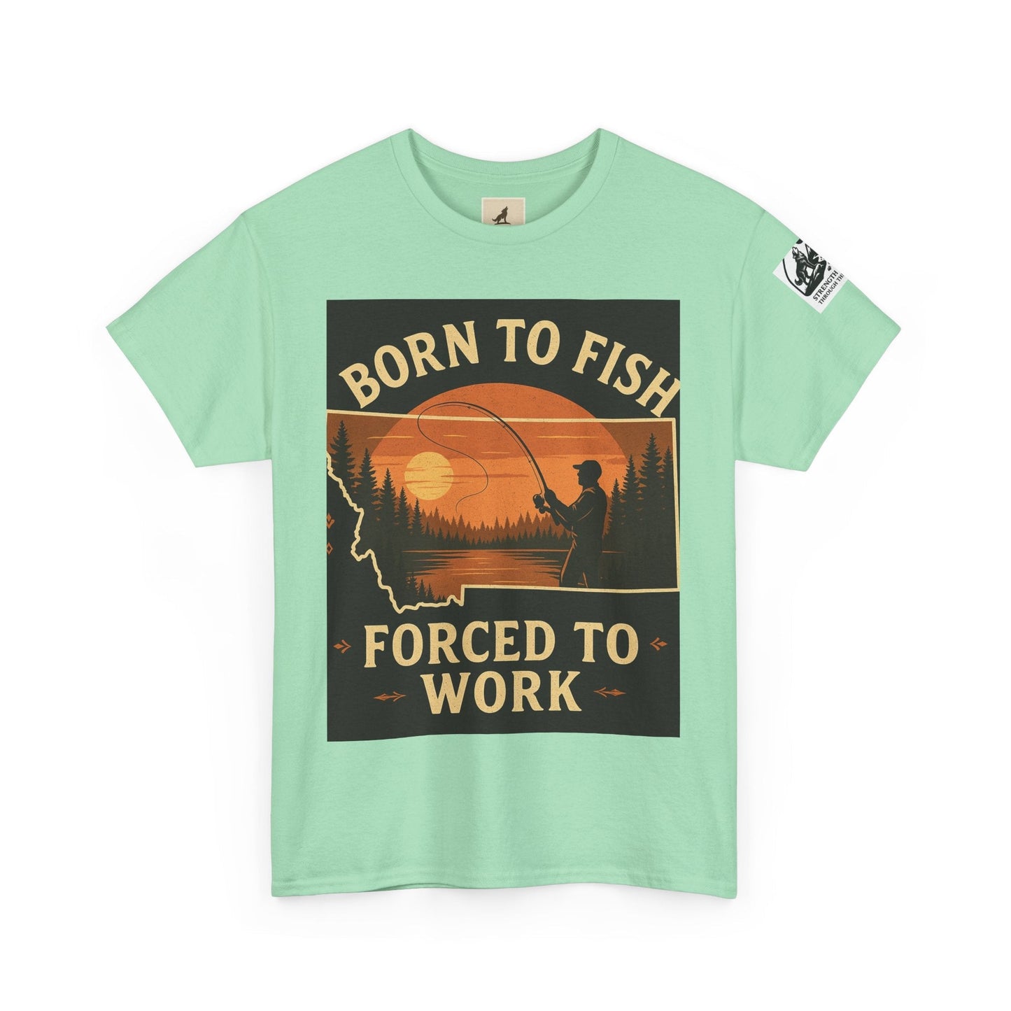 Montana Fishing Tee with "Born to Fish, Forced to Work" graphic, ideal for nature and fishing enthusiasts.