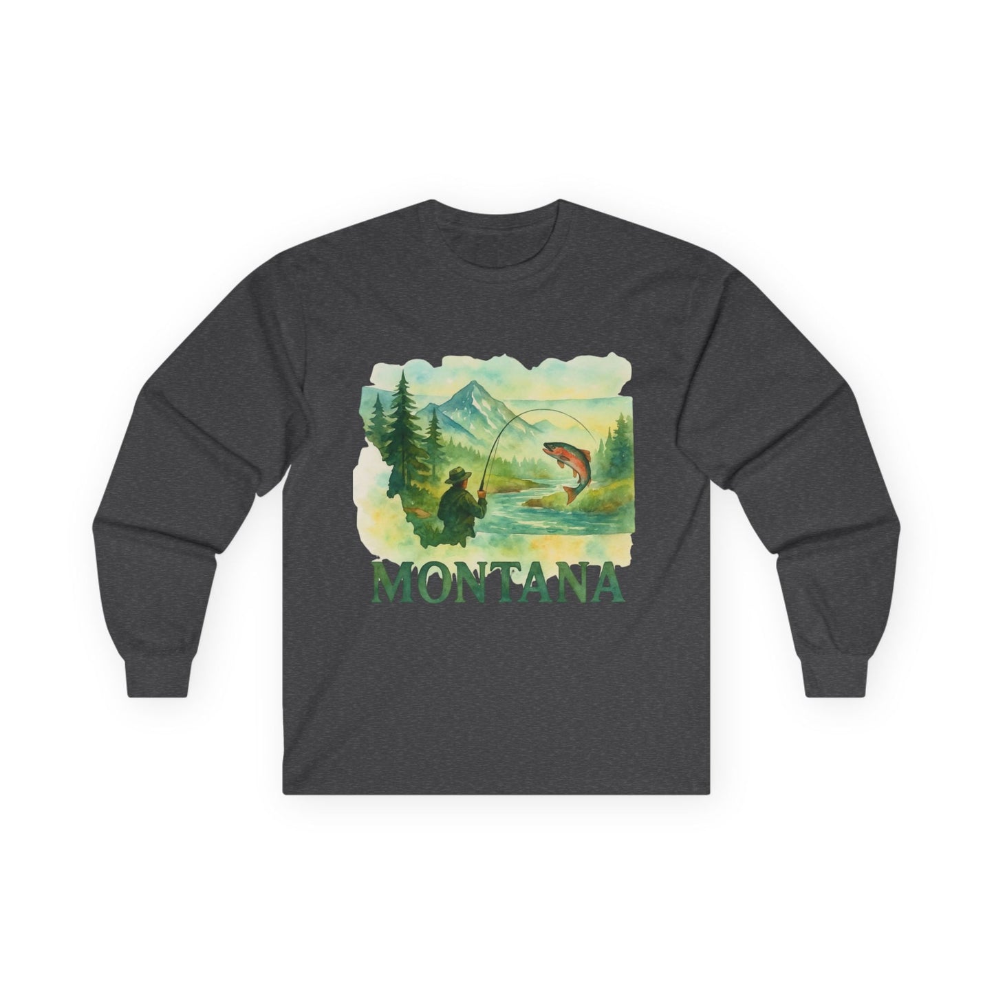Montana Fishing Long Sleeve Tee with vintage-style fishing graphic, perfect for outdoor adventures.