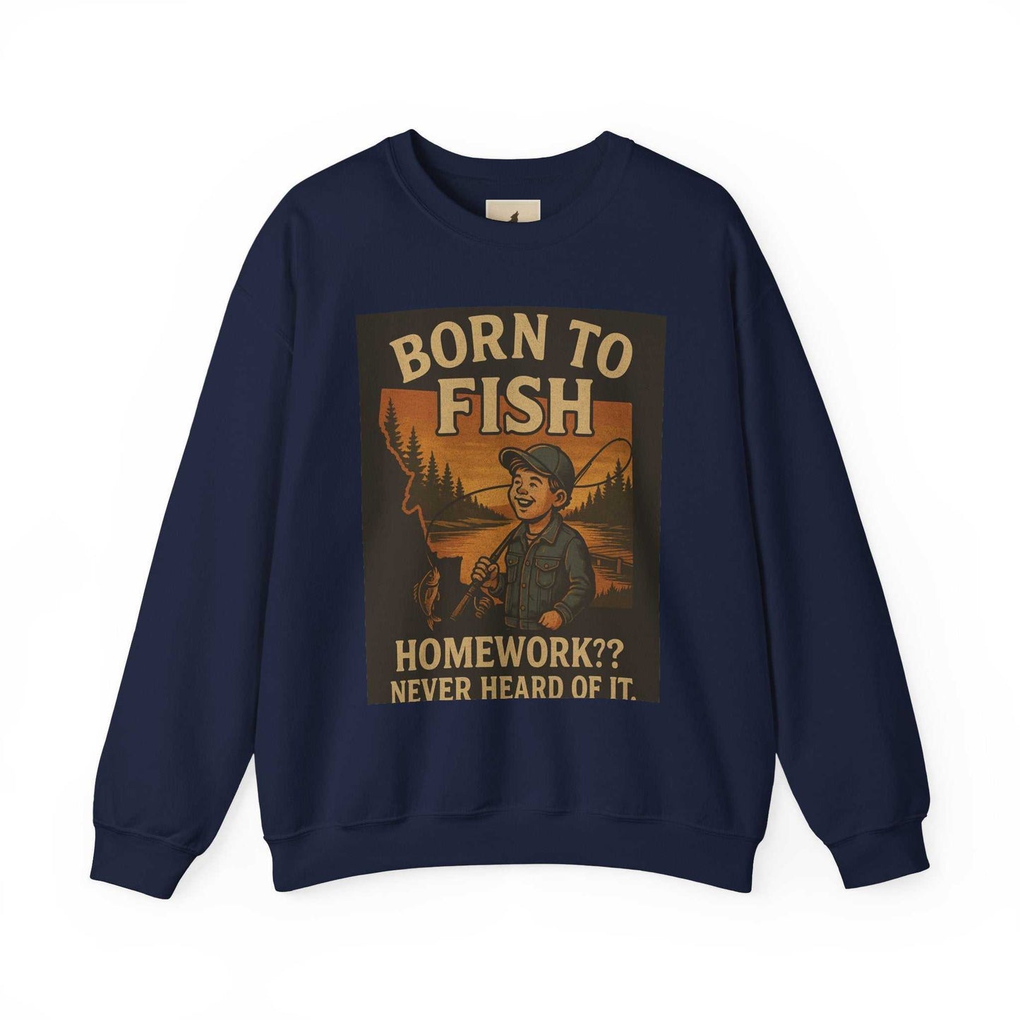 Navy "Born to Fish" sweatshirt with vintage angling design, ideal for fishing enthusiasts.