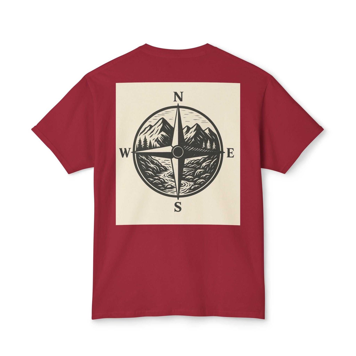 Red Montana Adventure Tee with nature-inspired compass design on the back.
