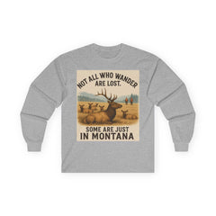 Montana Wanderlust Long Sleeve Tee with deer and nature quote design, perfect for adventure lovers.