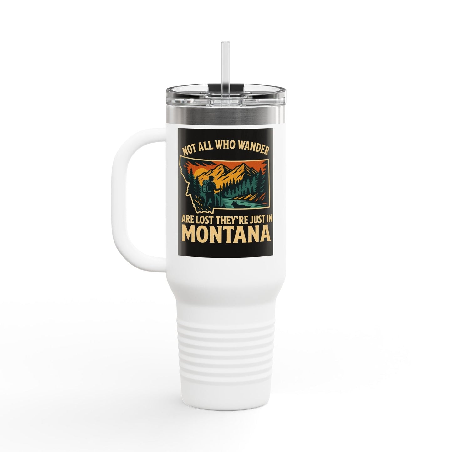 Large white Montana Adventure Mug with handle and lid featuring outdoor design.