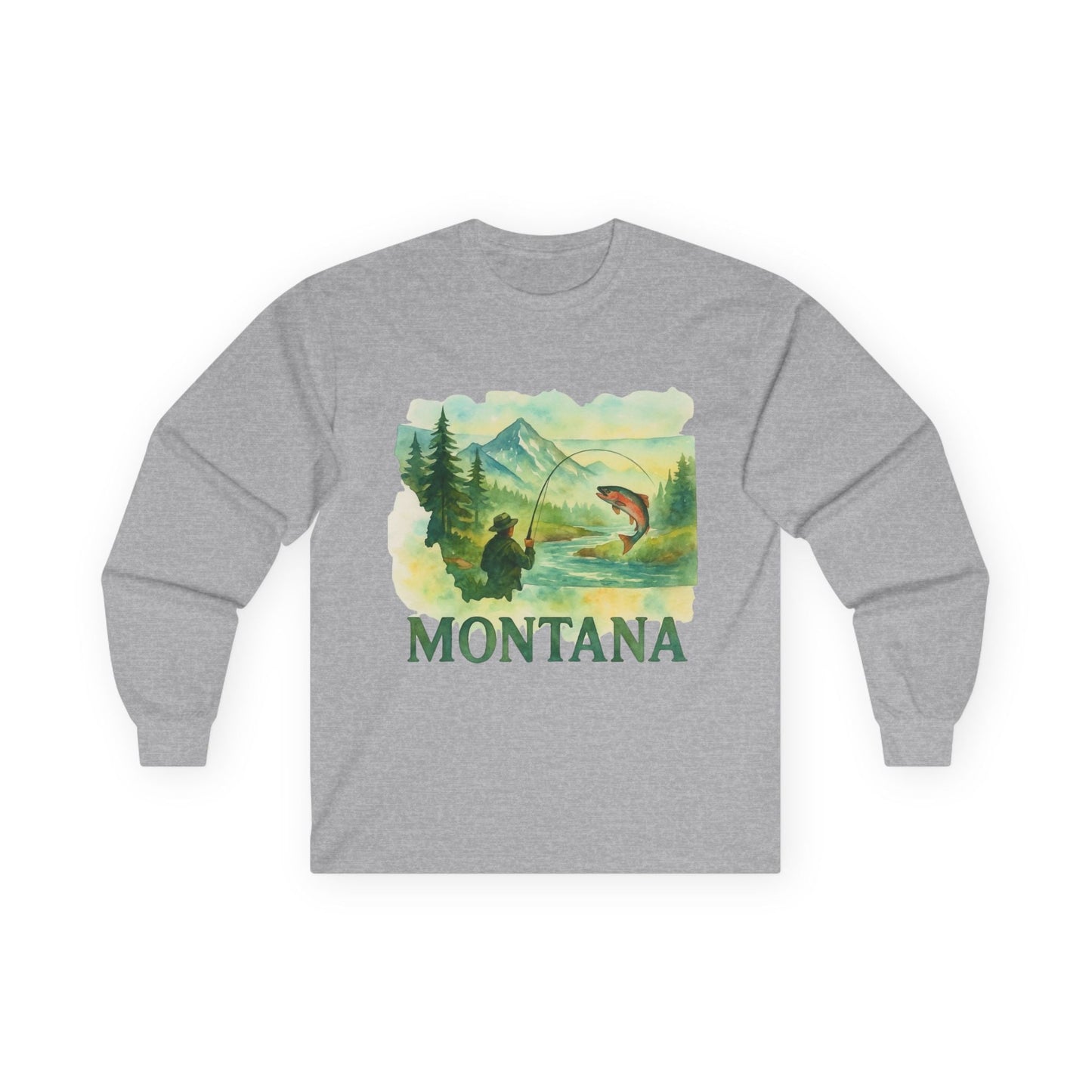 Montana Fishing Long Sleeve Tee in gray with nature-inspired graphic design.