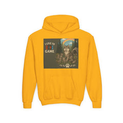 Yellow Youth Wildlife Hoodie with nature-themed graphic and inspirational quote.