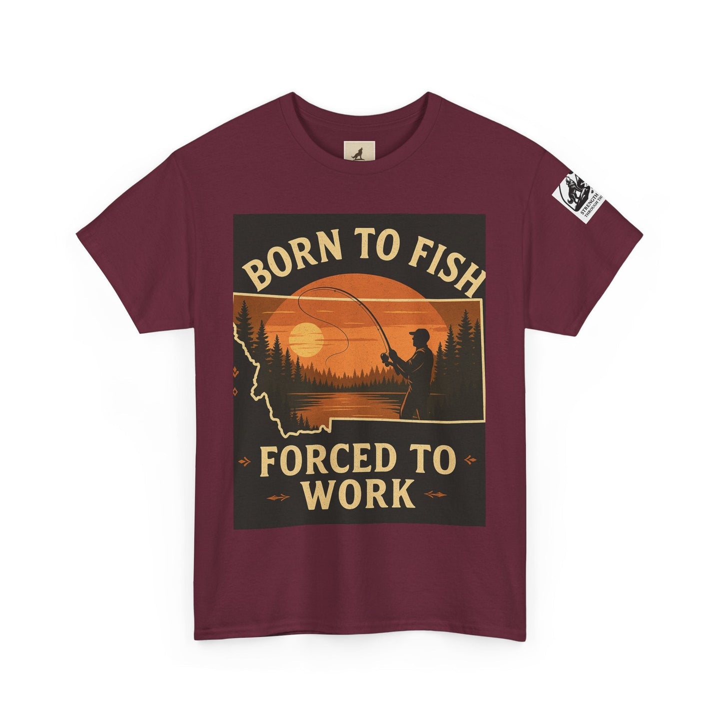 Montana Fishing Tee with "Born to Fish, Forced to Work" graphic, ideal for nature lovers.