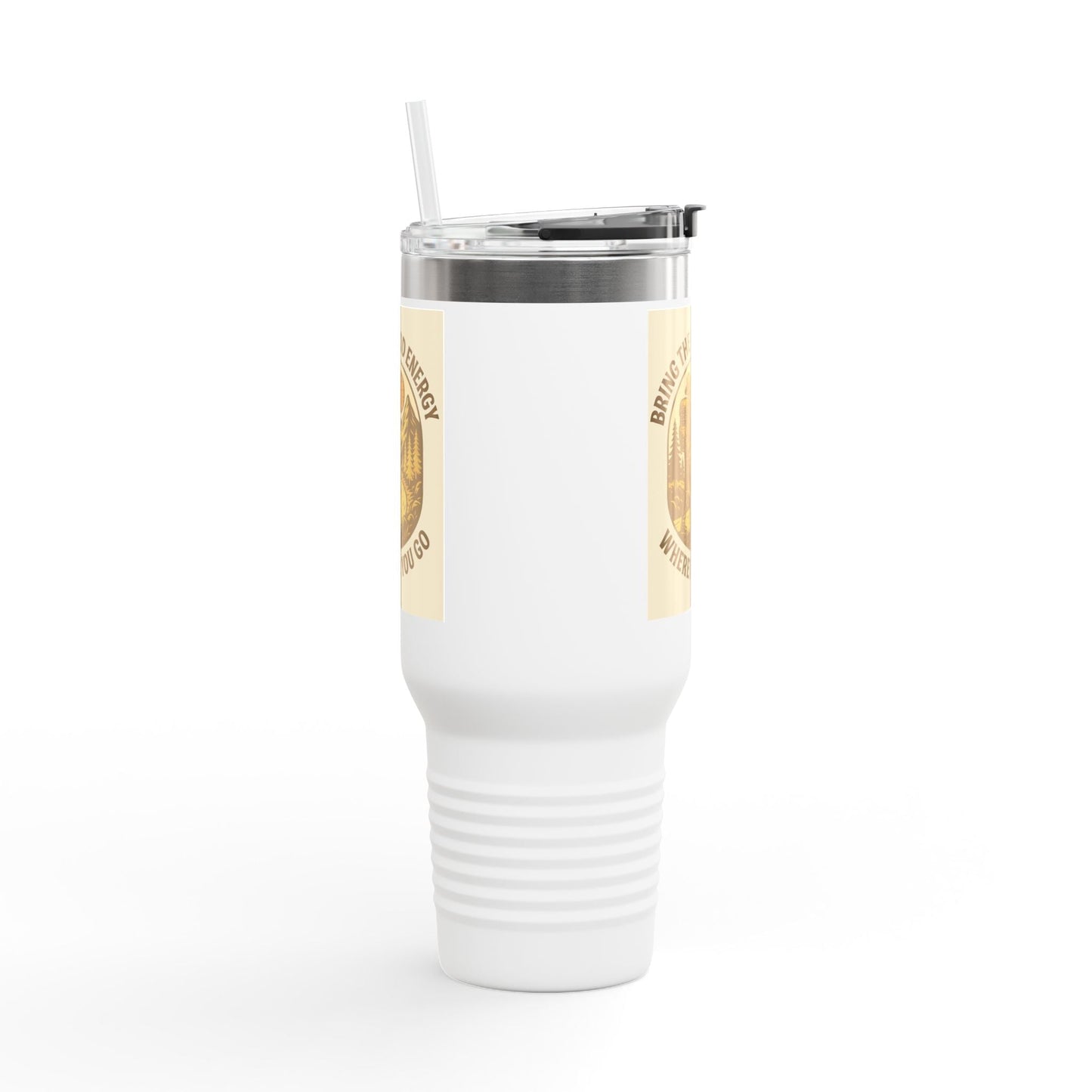 40oz insulated travel cup with positive vibes design and ergonomic handle.