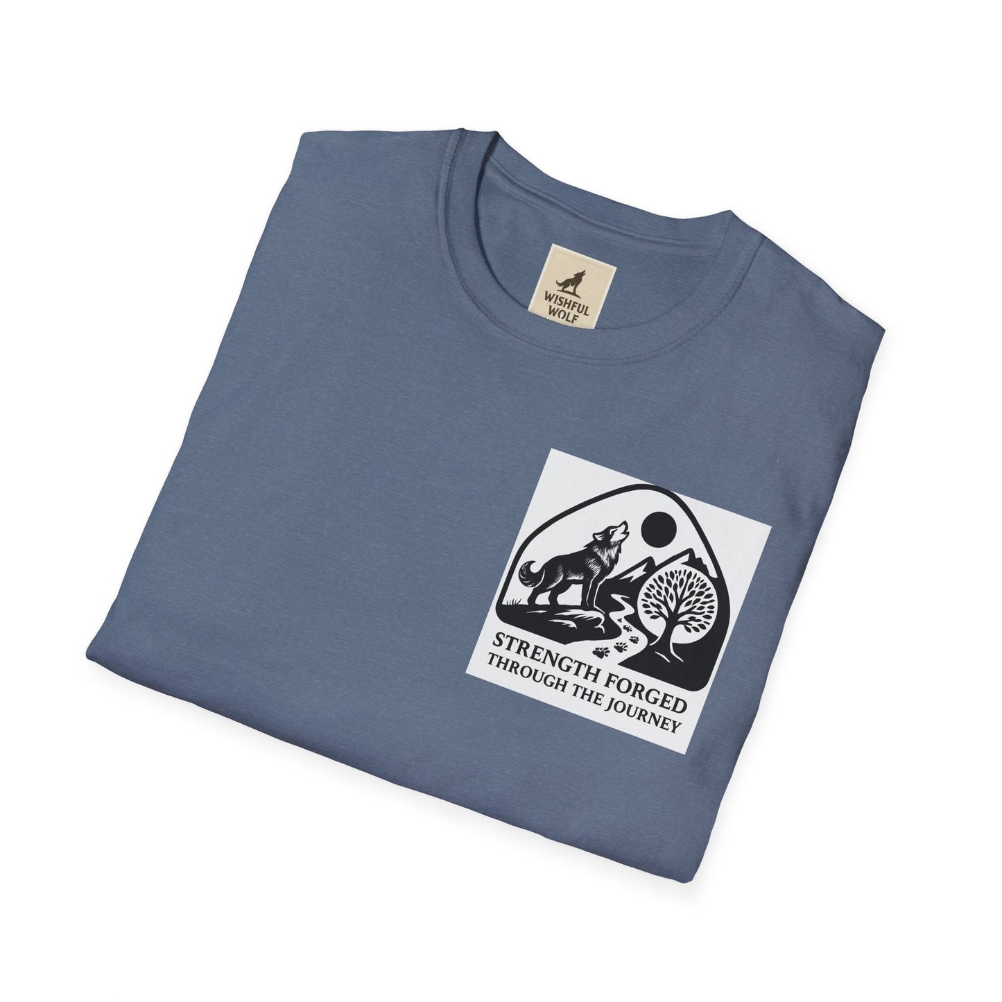 Blue "Strength Forged" graphic T-shirt for welders and metalworkers, emphasizing resilience and craftsmanship.
