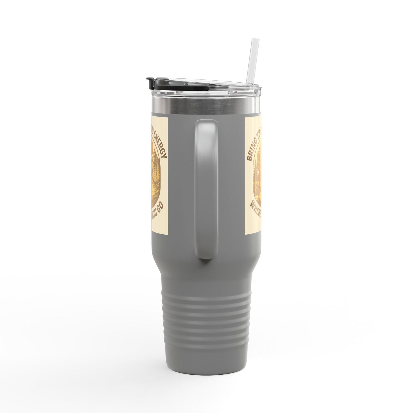40oz insulated travel mug with positive vibes design, ergonomic handle, leak-resistant lid, and durable stainless steel.