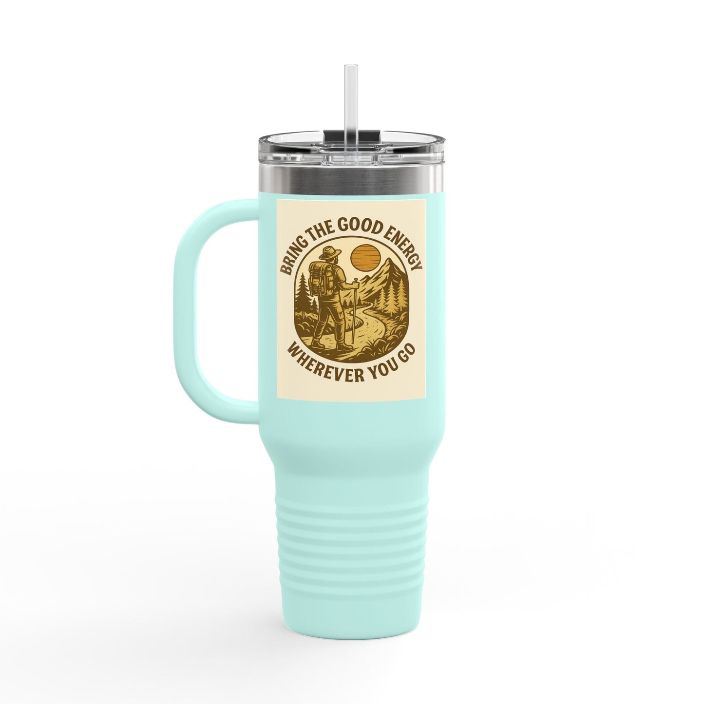 40oz insulated Good Energy Only Mug with handle and positive design.