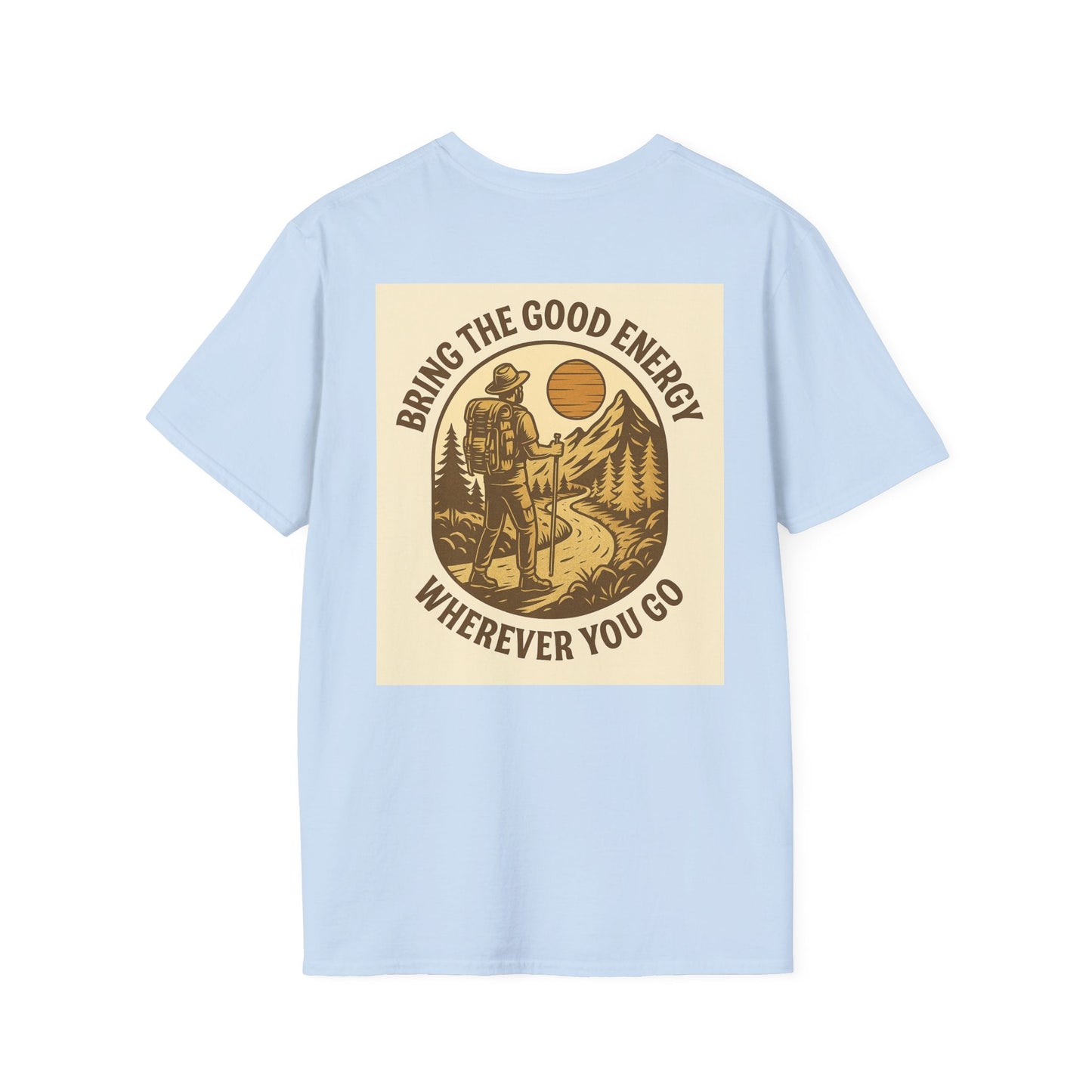 Light blue Montana-Inspired Adventure Tee with scenic graphic and message "Bring the Good Energy Wherever You Go."