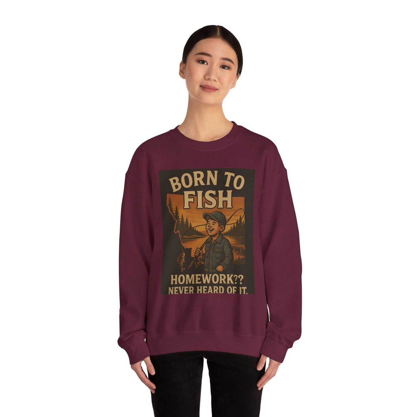 Woman wearing "Born to Fish" sweatshirt, showcasing angler design.