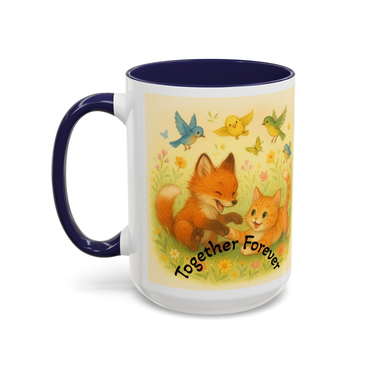 Whimsical Cat Mug featuring playful illustrations of a cat and animals, ideal gift for creative minds and cat lovers.